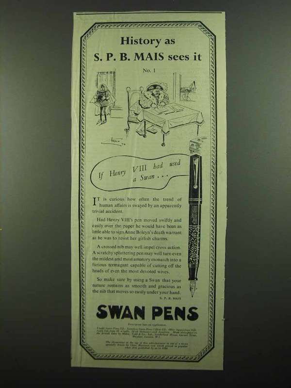 Primary image for 1939 Swan Visofil Pen Ad - History as S.P.B. Mais