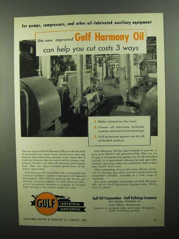 1950 Gulf Harmony Oil Ad - For Pumps, Compressors - $18.49