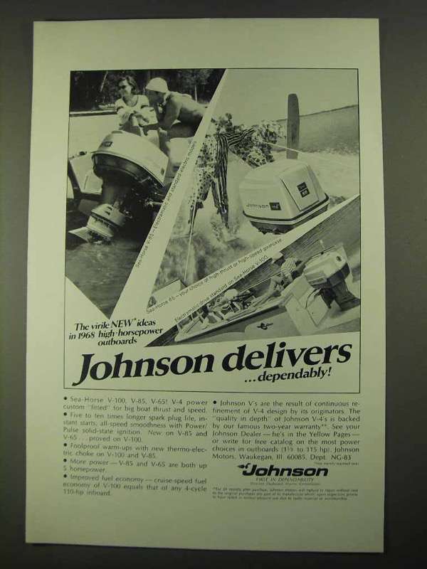 Primary image for 1968 Johnson Sea-Horse Outboard Ad - V-85, 65, V-100