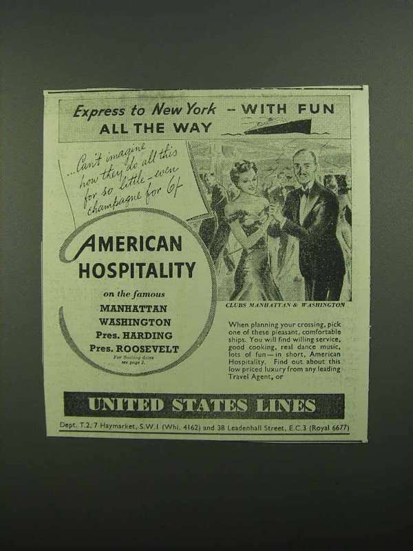 1939 United States Lines Cruise Ad - Express New York - £14.55 GBP