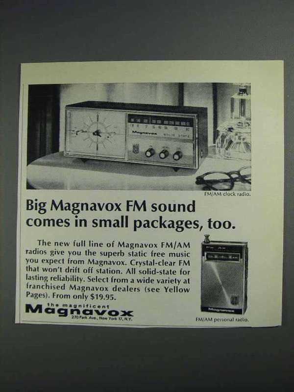 1968 Magnavox FM/AM Clock Radio and Personal Radio Ad - $18.49