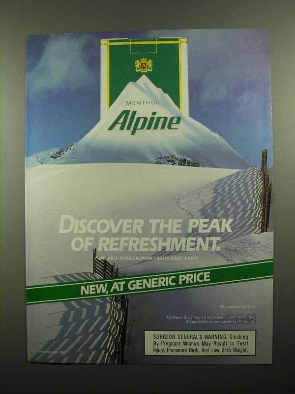 1989 Alpine Cigarettes Ad, Discover Peak of Refreshment - $18.49