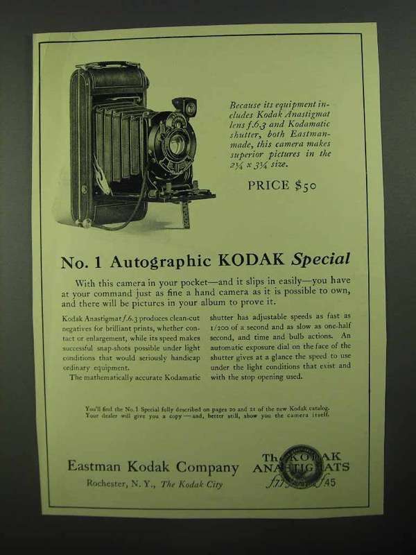 1923 No. 1 Autographic Kodak Special Camera Ad - £14.53 GBP