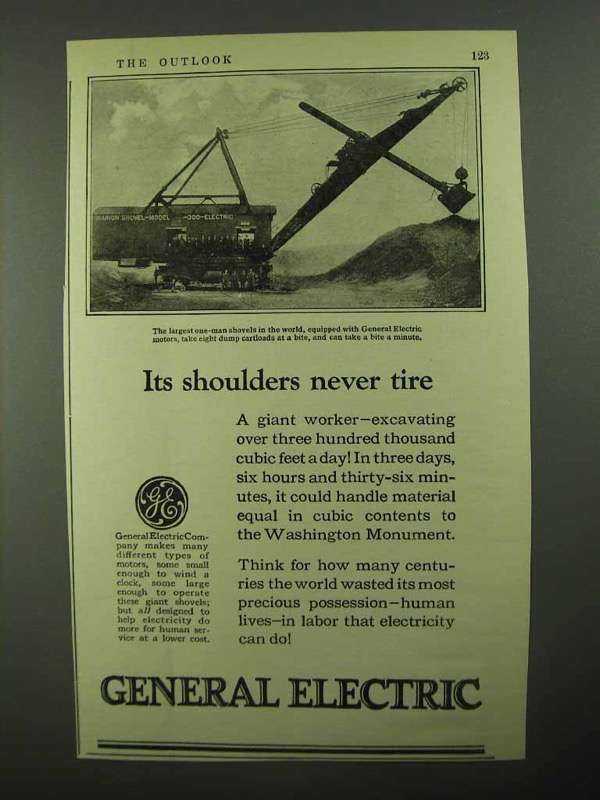 1923 General Electric Ad - Its Shoulders Never Tire - $18.49