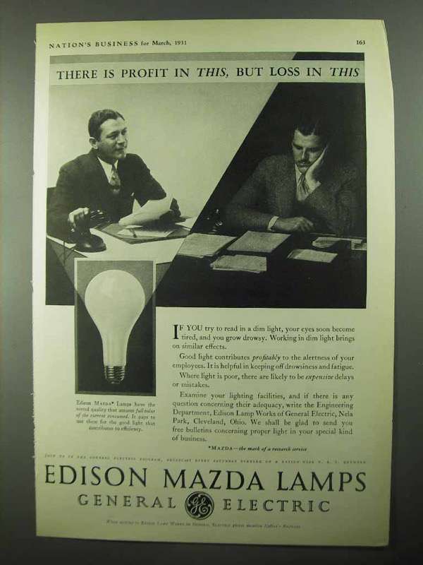 1931 General Electric Edison Mazda Lamps Ad - Profit - $18.49