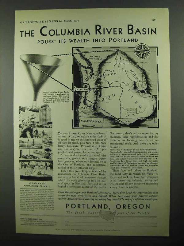 1931 Portland Oregon Ad - Columbia River Basin - $18.49