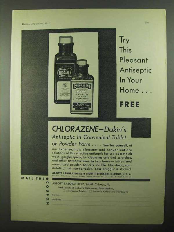 Primary image for 1931 Abbott Laboratories Chlorazene Ad - Antiseptic