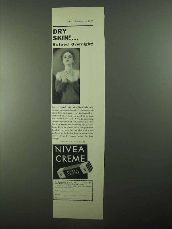 1931 Nivea Creme Ad - Dry Skin Helped Overnight - $18.49