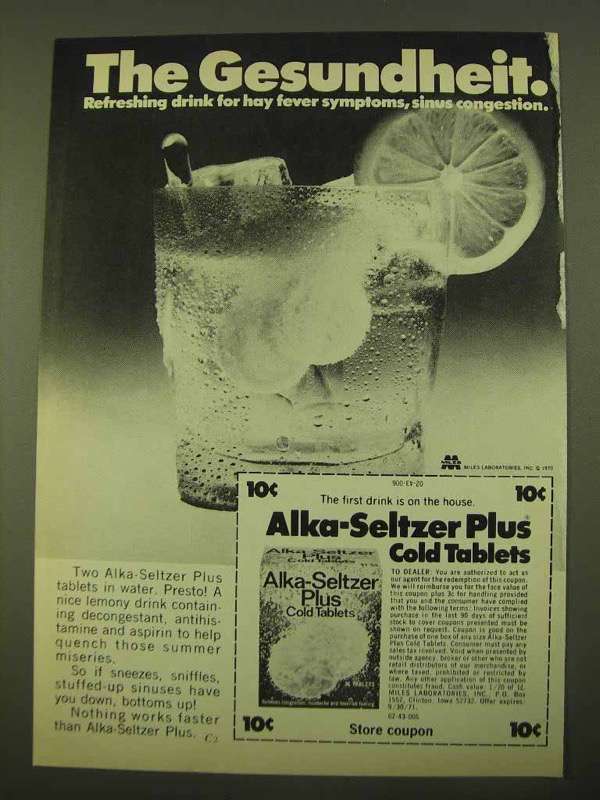1970 Alka-Seltzer Plus Cold Tablets Ad - Gesundheit - £14.55 GBP