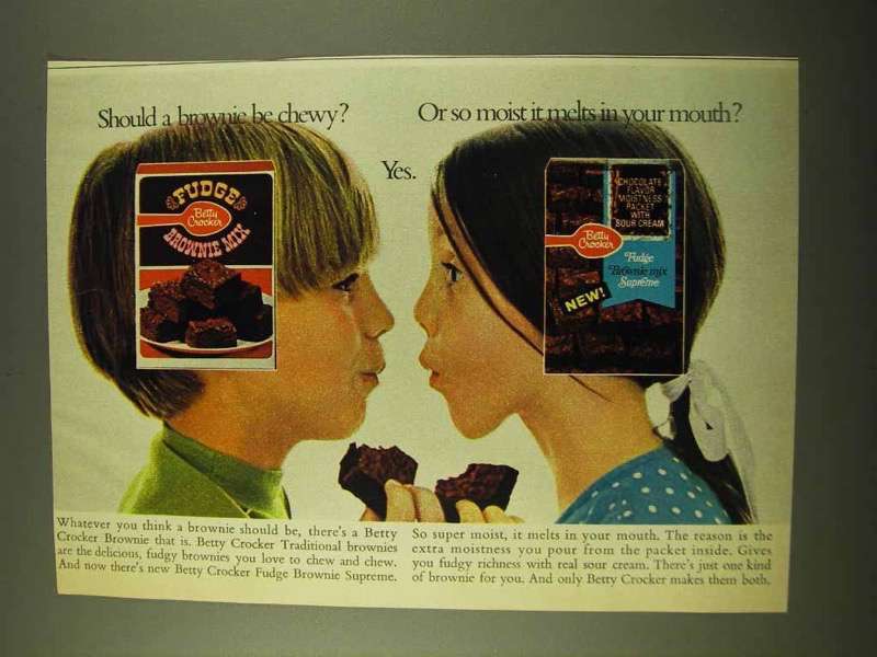 1970 Betty Crocker Brownie Mix Ad - Shoud be Chewy? - $18.49