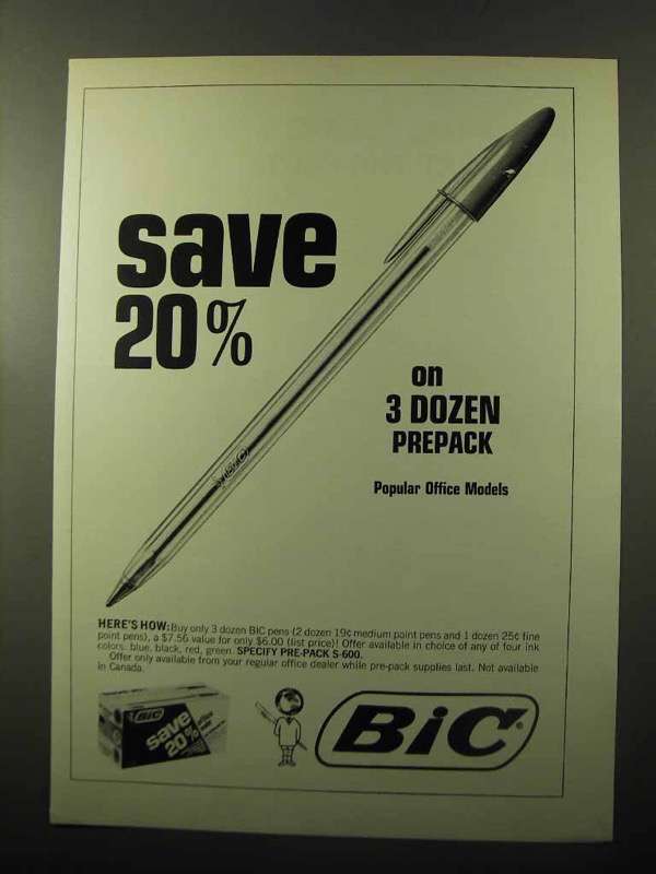 1970 Bic Pens Ad - Save 20% on 3 Dozen Prepack - $18.49