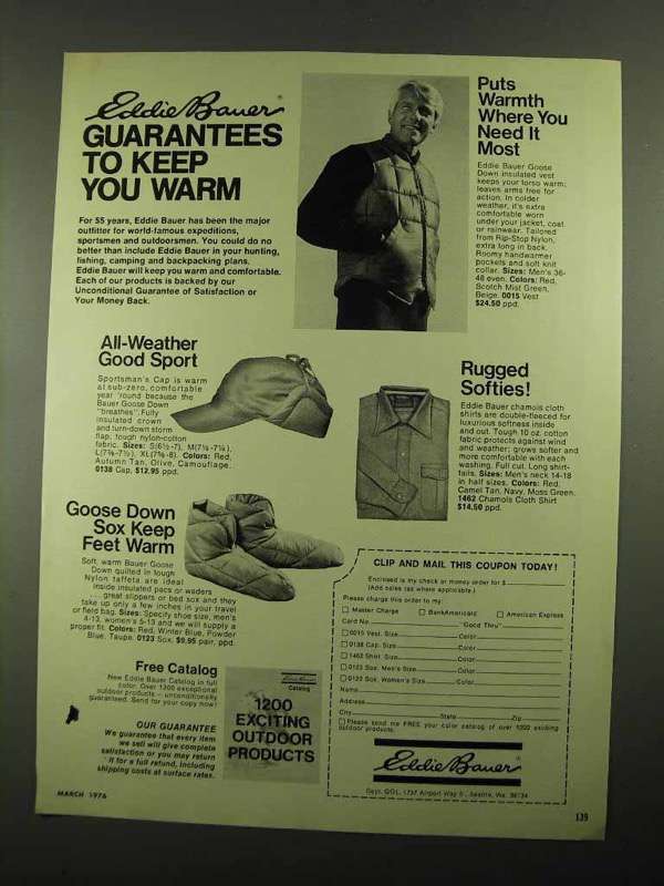 Primary image for 1976 Eddie Bauer Ad - Sportsman's Cap, Goose Down Vest