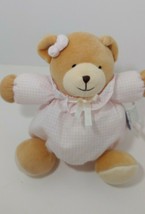 Luckson Plush tan teddy bear Round chubby Pink white gingham checked Baby Toy  - £12.22 GBP