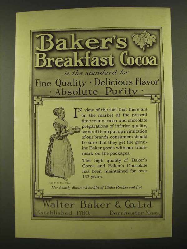 Primary image for 1912 Baker's Breakfast Cocoa Ad - Absolute Purity