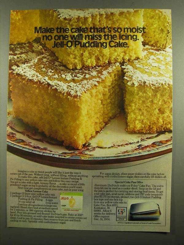 1974 Jell-O Pudding Ad - Yellow Lemon Cake Recipe - $18.49