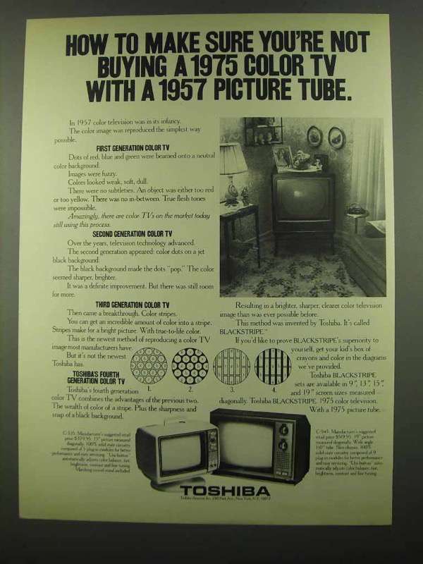 1974 Toshiba C335 and C945 Color TV Ad - Make Sure - $18.49
