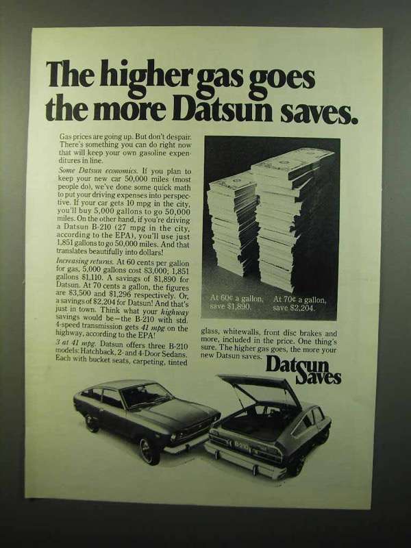 Primary image for 1975 Datsun B-210 Car Ad - The Higher Gas Goes