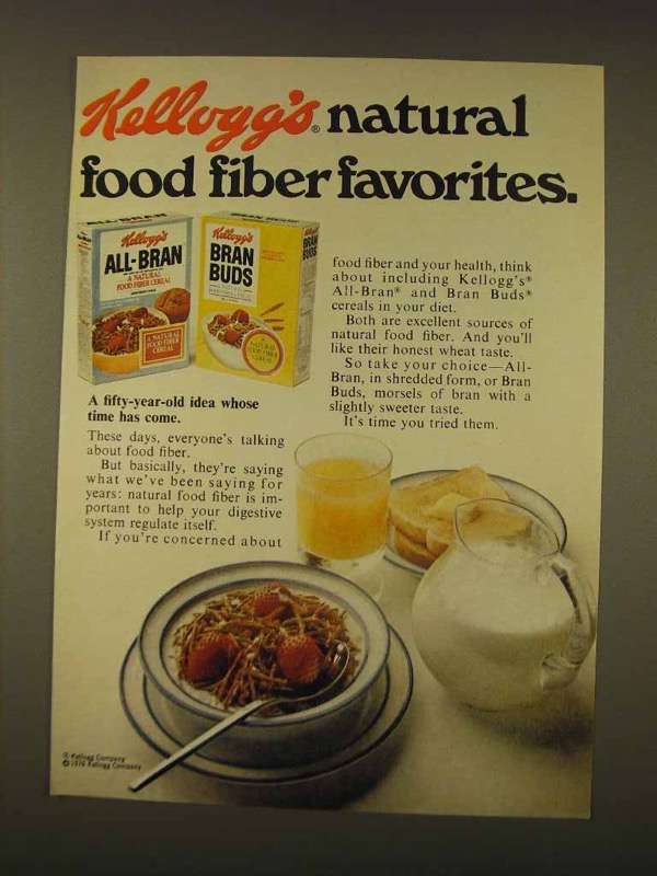1976 Kellogg's All-Bran & Bran Buds Cereal Ad - Fiber - $18.49