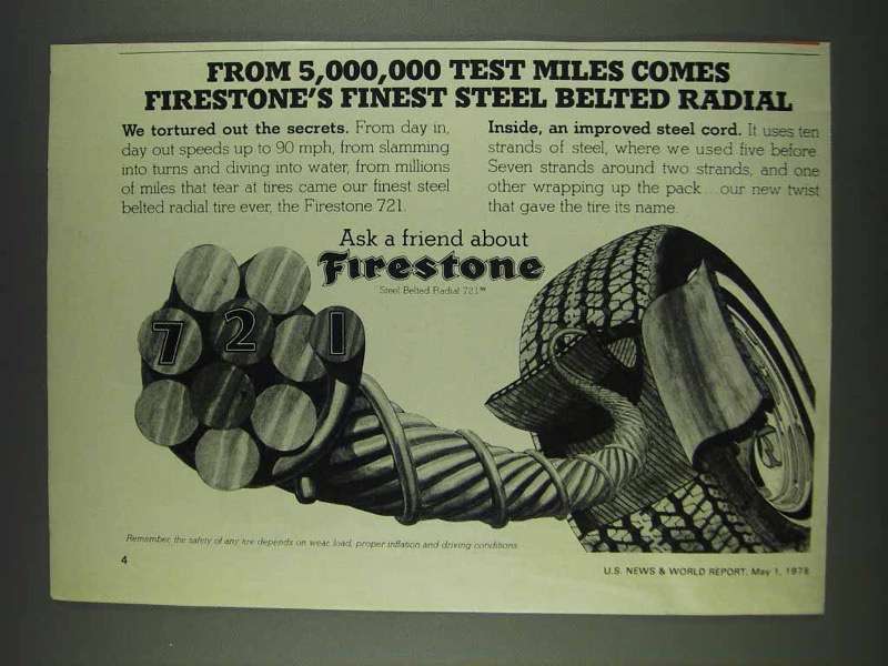 Primary image for 1978 Firestone Tires Ad - 5,000,000 Test Miles
