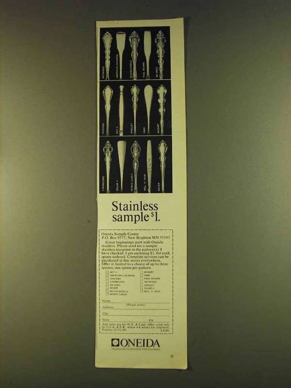 Primary image for 1980 Oneida Stainless Ad - Stainless Sample