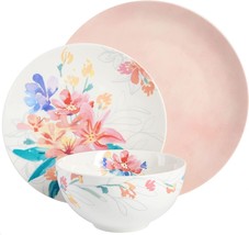 12 Piece Dinnerware Set For 4 Porcelain Dishes Plates Bowls Pink White Floral - £64.18 GBP