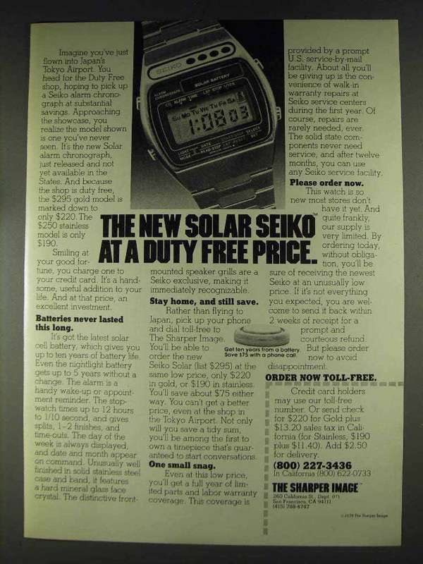 Primary image for 1979 Sharper Image Seiko Solar Watch Ad - Duty Free