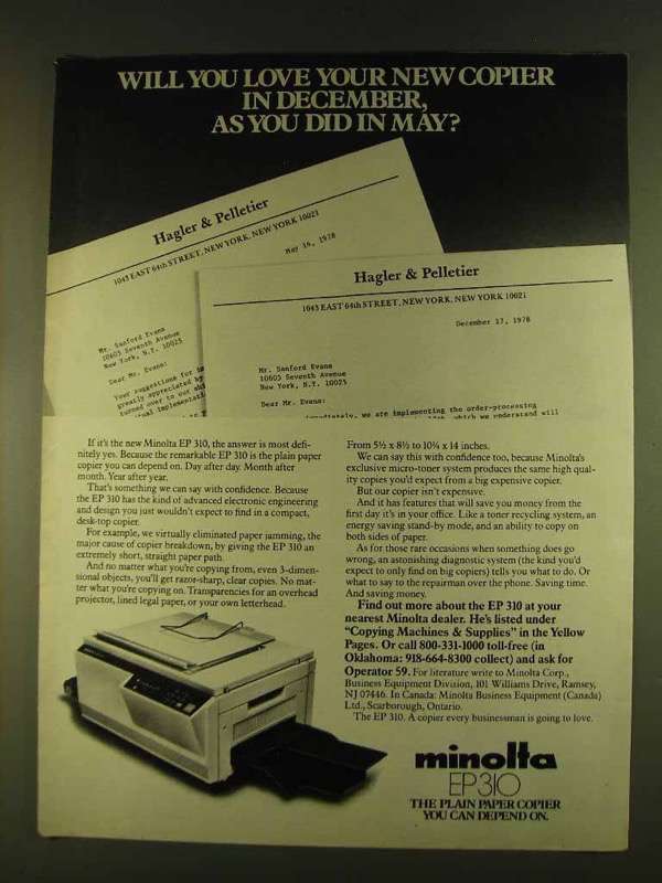 Primary image for 1980 Minolta EP 310 Copier Ad - Will Love in December
