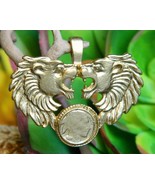 Vintage Roaring Two Lion Heads Miniature Buffalo Nickel Signed Pendant - $34.95