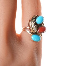 sz3 14k Marilyn Chuyate zuni ring turquoise and coral in gold - £242.51 GBP