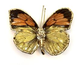 Vintage Gold Tone Orange Yellow Brown Enamel Butterfly Insect Brooch Pin Pendant - £13.58 GBP