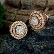 1.50Ct Round Cut Real Moissanite Halo Stud Earrings14K Rose Gold Plated - £100.42 GBP