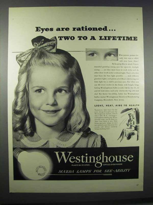 1945 Westinghouse Mazda Lamps Ad - Eyes are Rationed - £14.26 GBP