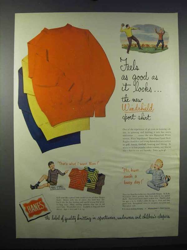 1947 Hanes Windshield Sport Shirt Ad - Feels as Good - $18.49