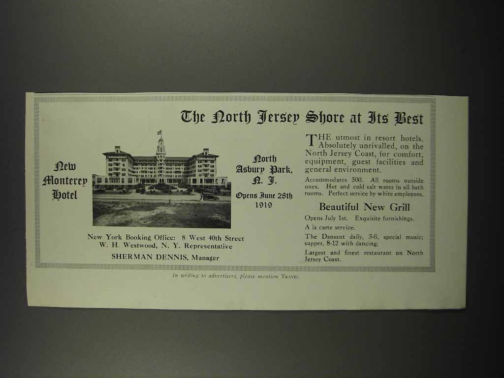 1919 New Monterey Hotel Ad - North Jersey Shore - £14.42 GBP