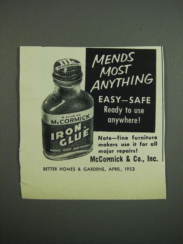1953 McCormick Iron Glue Ad - Mends Most Anything - $18.49