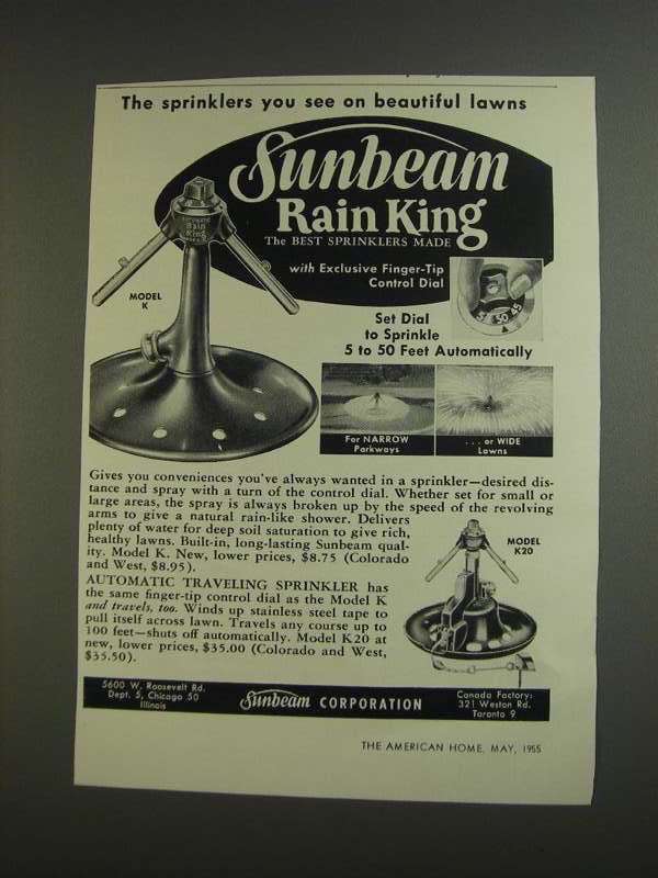 1955 Sunbeam Rain King Model K & K20 Sprinklers Ad - $18.49