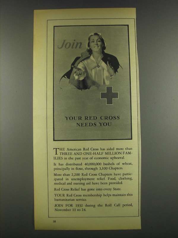 1932 Red Cross Ad - Join Your Red Cross Needs You - $18.49