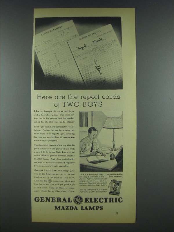 1935 General Electric Mazda Lamps Ad - Report Cards - $18.49