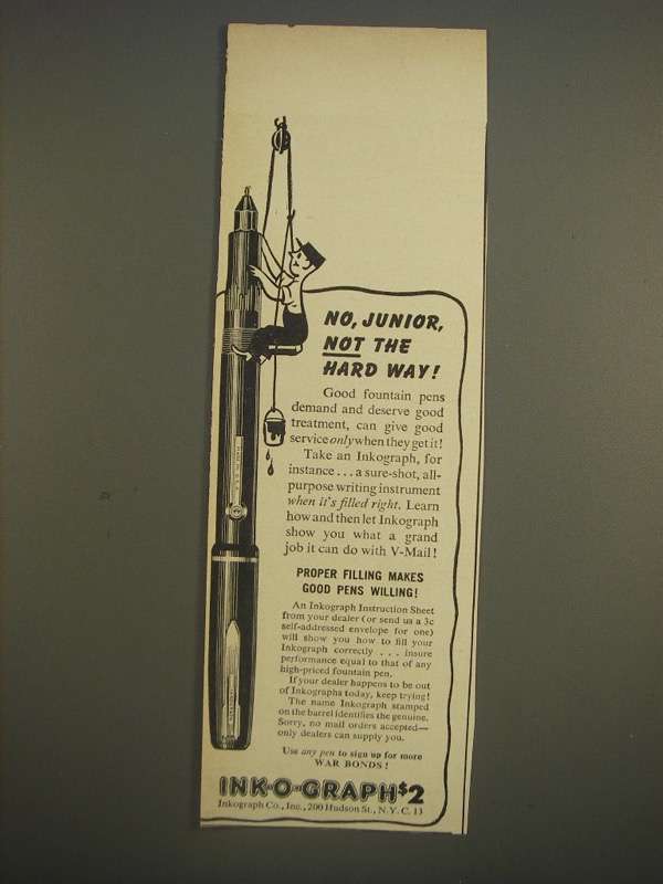 Primary image for 1944 Ink-O-Graph Pen Ad - No, Junior, not the hard way