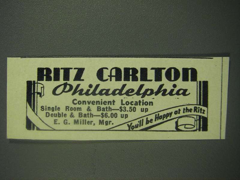 1939 Ritz Carlton Philadelphia Hotel Ad - $18.49