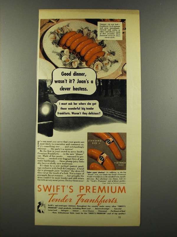 1940 Swift's Premium Tender Frankfurts Ad - Good Dinner - $18.49