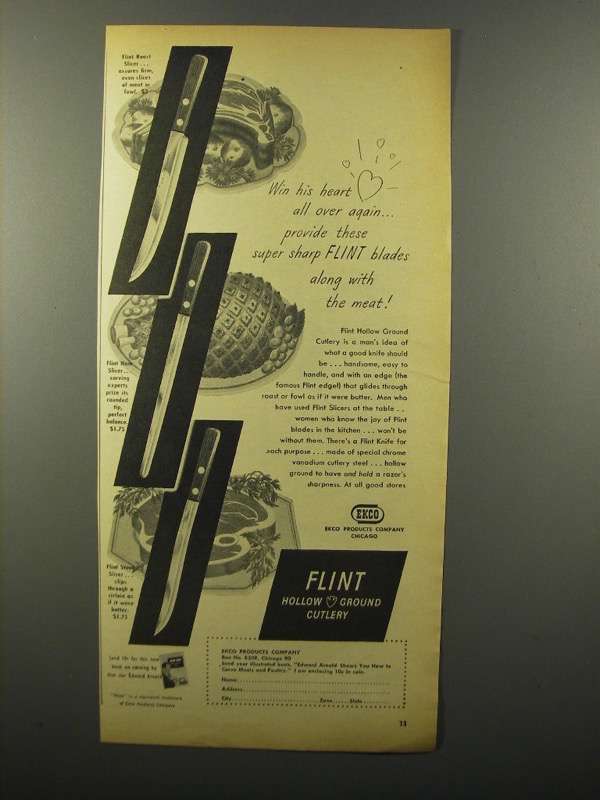Primary image for 1946 Ekco Flint Hollow Ground Cutlery Ad - Roast Slicer