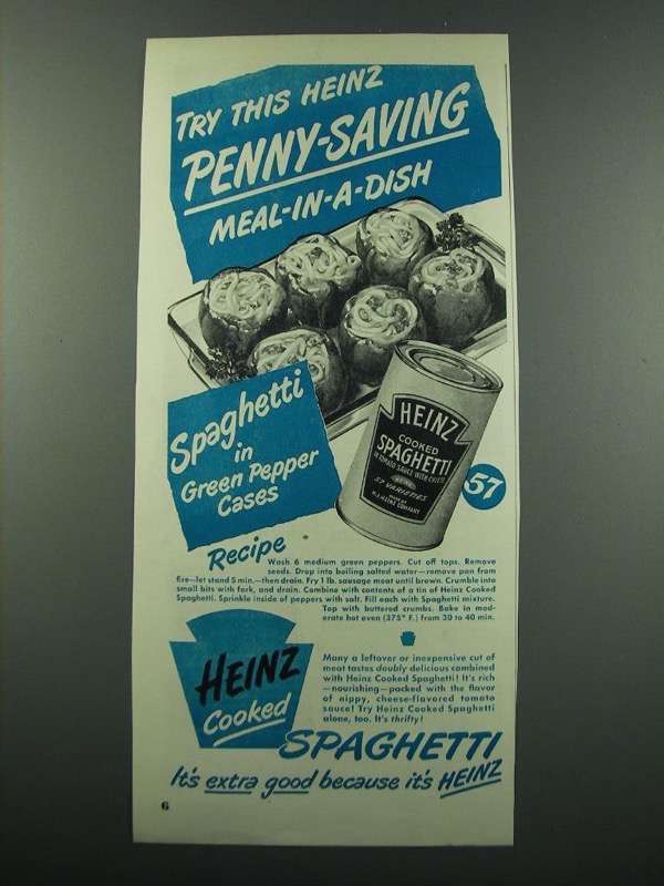 1949 Heinz Cooked Spaghetti Ad - in Green Pepper Cases - £14.72 GBP