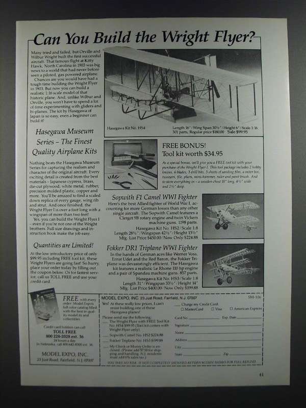 1986 Model Expo Ad - Wright Flyer, Sopwith F1 Camel, Fokker DR1 Triplane Planes  - $18.49