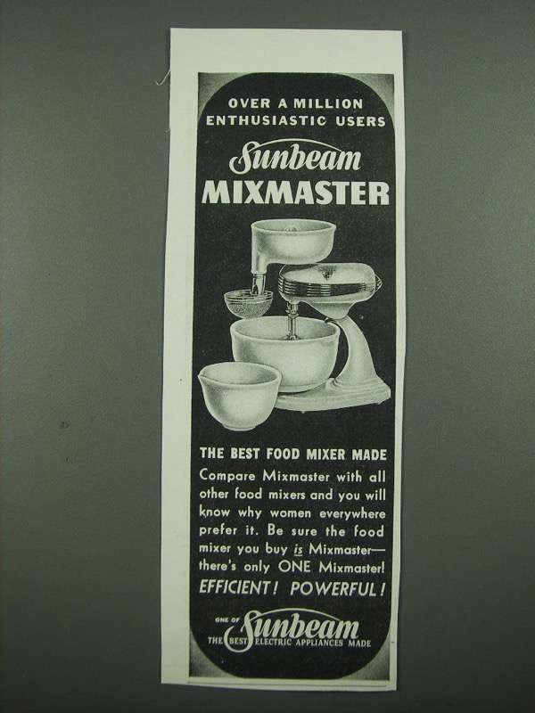 1938 Sunbeam Mixmaster Ad - Over a Million Enthusiastic Users - £14.53 GBP