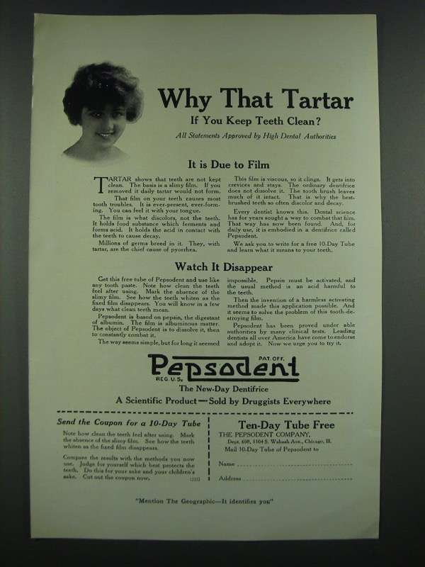 Primary image for 1919 Pepsodent Tooth paste Ad - Why That Tarter