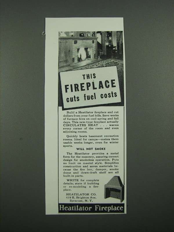 Primary image for 1938 Heatilator Fireplace Ad - This Fireplace Cuts Fuel Cots