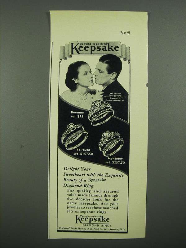 Primary image for 1938 Keepsake Diamond Rings Ad - Baronne Set, Fairfield Set and Monterey Set