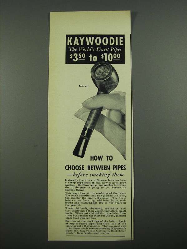 Primary image for 1938 Kaywoodie No. 40 Pipe Ad - How To Choose Between Pipes