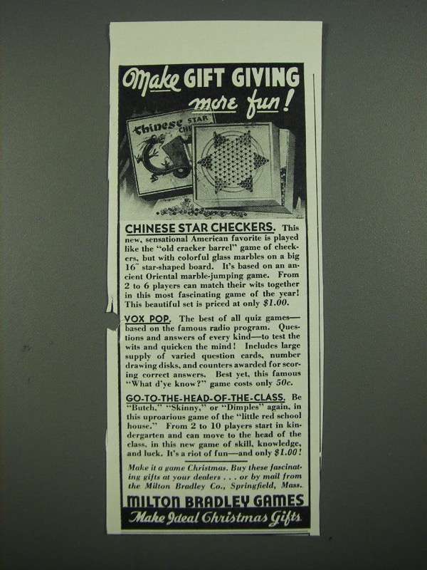 1938 Milton Bradley Game Ad - Chinese Checkers, Vox Pop - $18.49